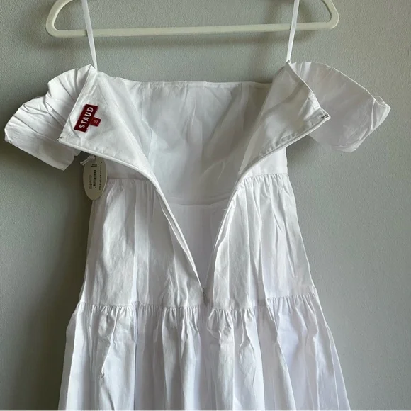 Staud Mini Elio Dress in White / Off The Shoulder Prairie Dress w/ Puffy Sleeves - Picture 10 of 13